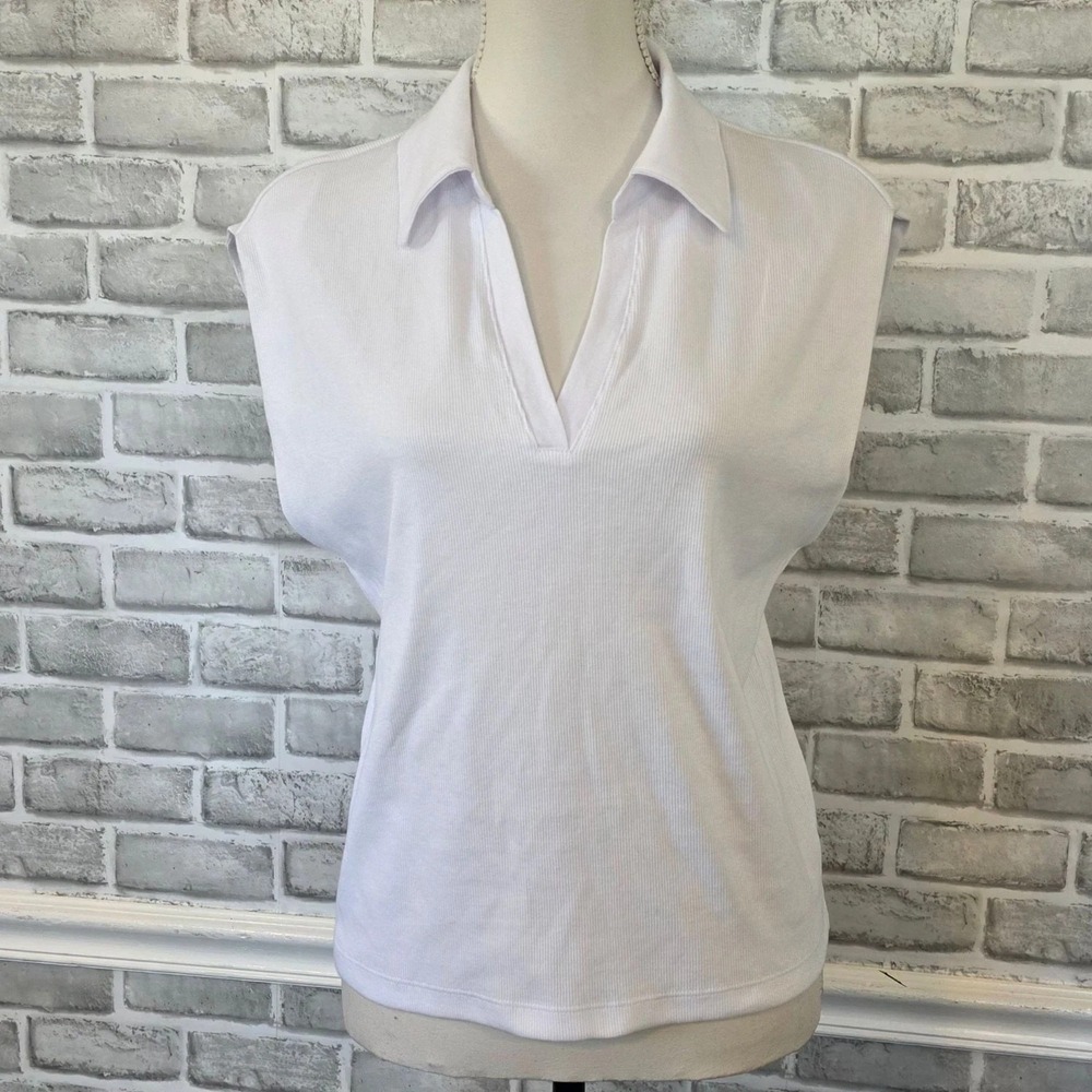Michael Stars White Ribbed Sleeveless Polo Top V Neck Preppy Coastal Size Small - Picture 3 of 3